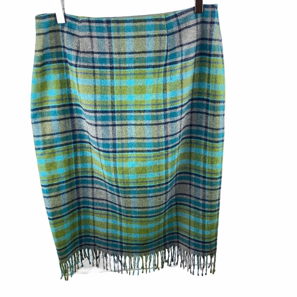 NWT J. Jill Green Blue Wool Plaid Fringe Skirt 8 - Picture 4 of 12